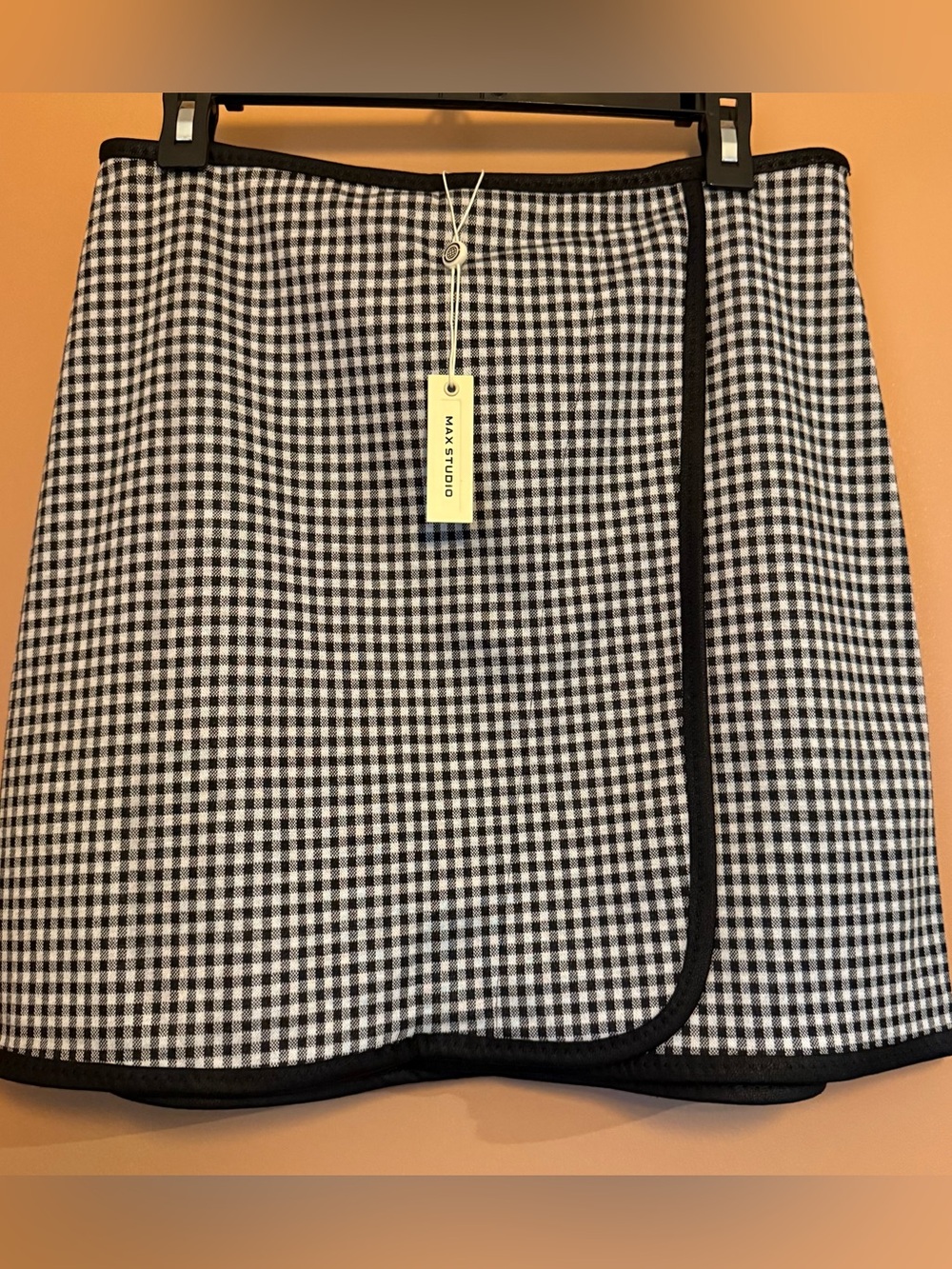 Max Studio Gingham Wrap Skirt Womens Large Black White Preppy Career Mini NWT